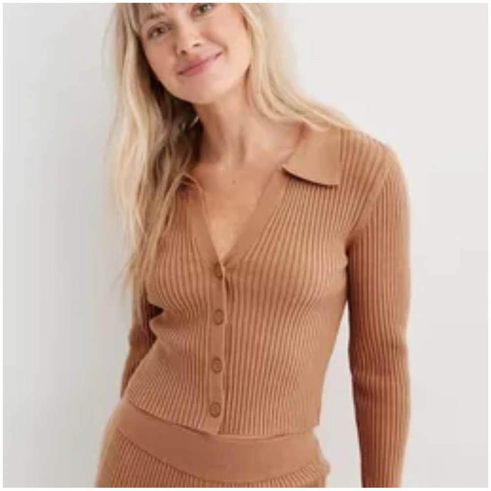 Aerie Ribbed Tan Cropped Cardigan